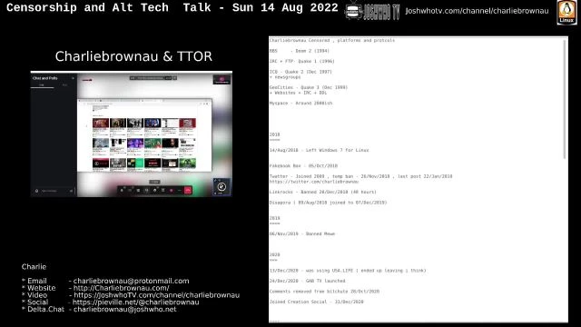 Censorship +Alt Tech Talk - TTOR & Charliebrownau - Sun 14 Aug 2022